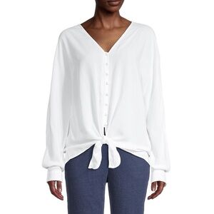 BeachLunchLounge Knotted Hem Top White Button Front Dolman Sleeve White Chic M